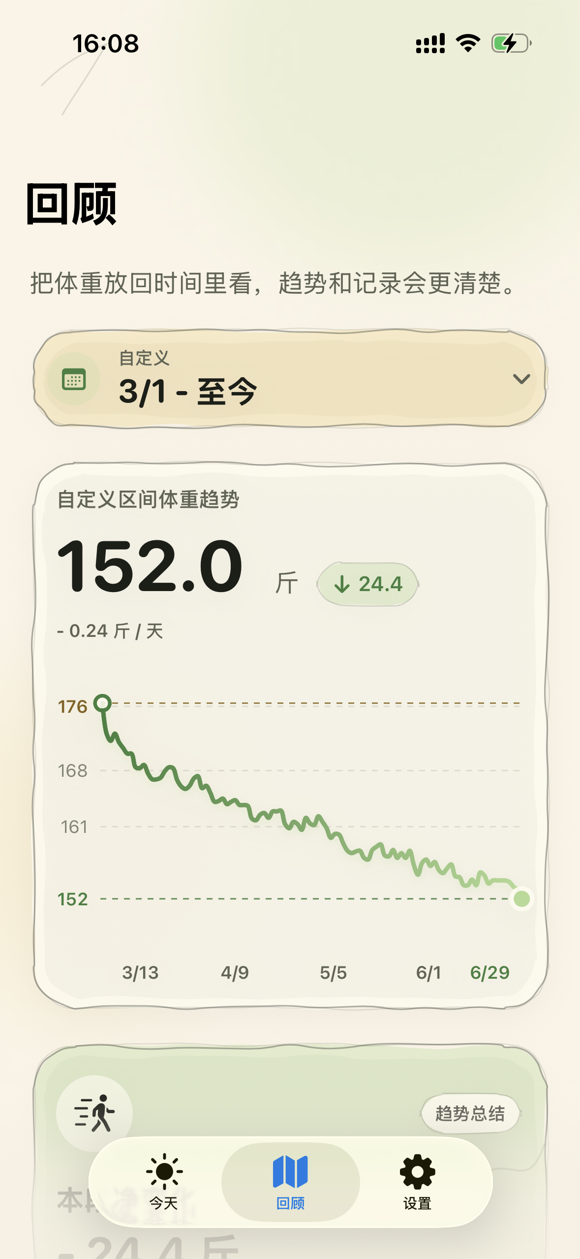 轻量回顾页，展示体重趋势和时间区间。