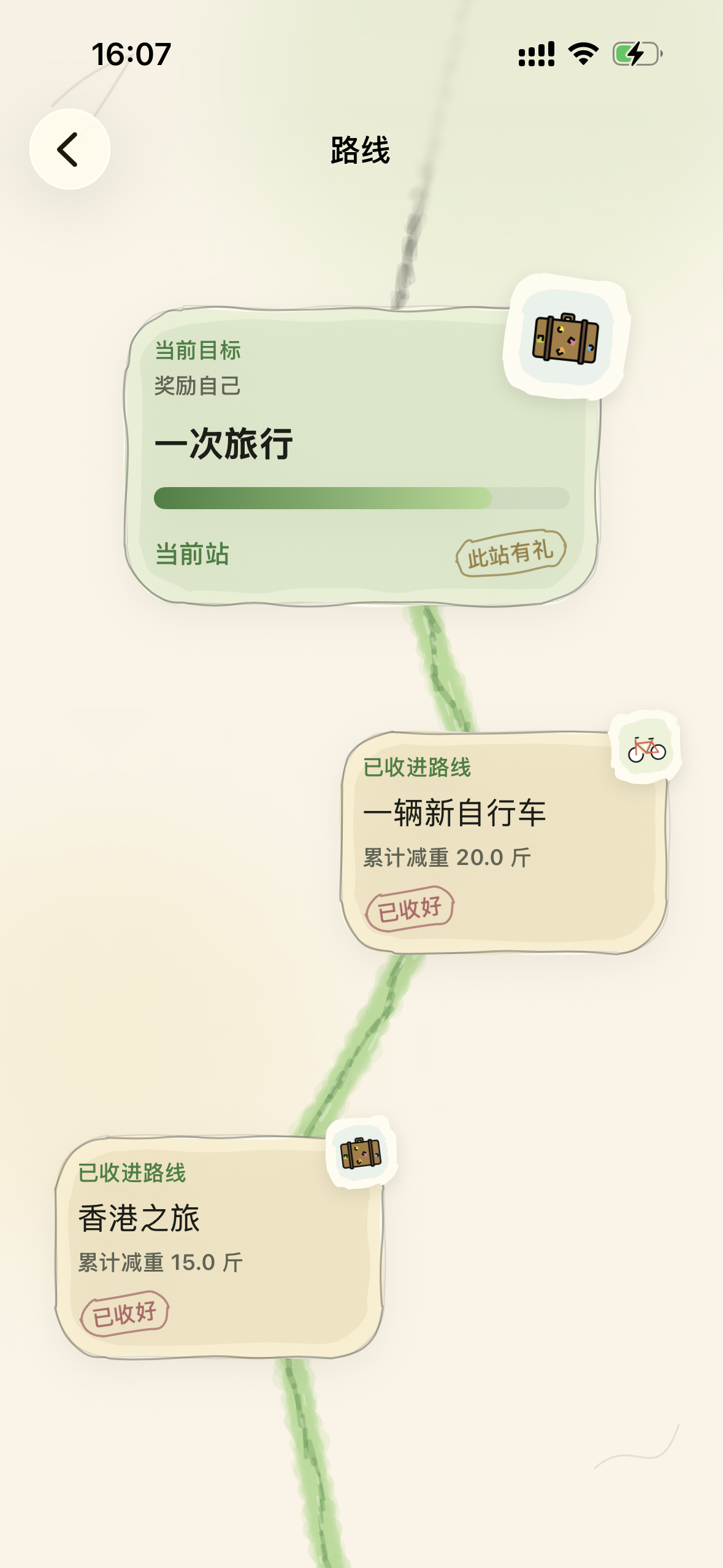 轻量路线页，展示当前站、此站有礼和已经收好的站点。